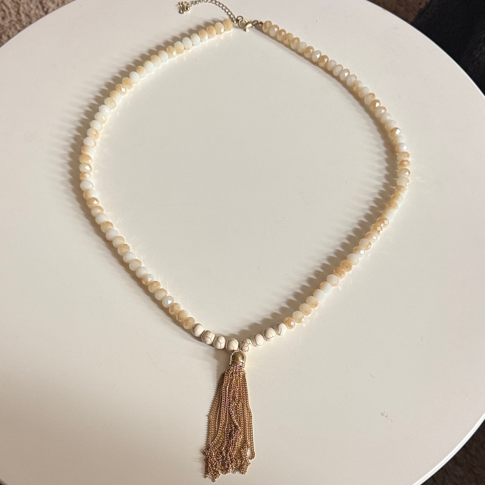 Long Elegant Cream Beaded Necklace with Gold Tassel